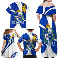 Uruguay Family Matching Off Shoulder Maxi Dress and Hawaiian Shirt with National Emblem and Sun Symbol Blue White Wave - Wonder Print Shop