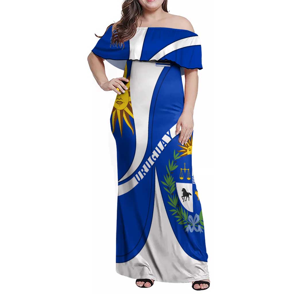 Uruguay Family Matching Off Shoulder Maxi Dress and Hawaiian Shirt with National Emblem and Sun Symbol Blue White Wave - Wonder Print Shop