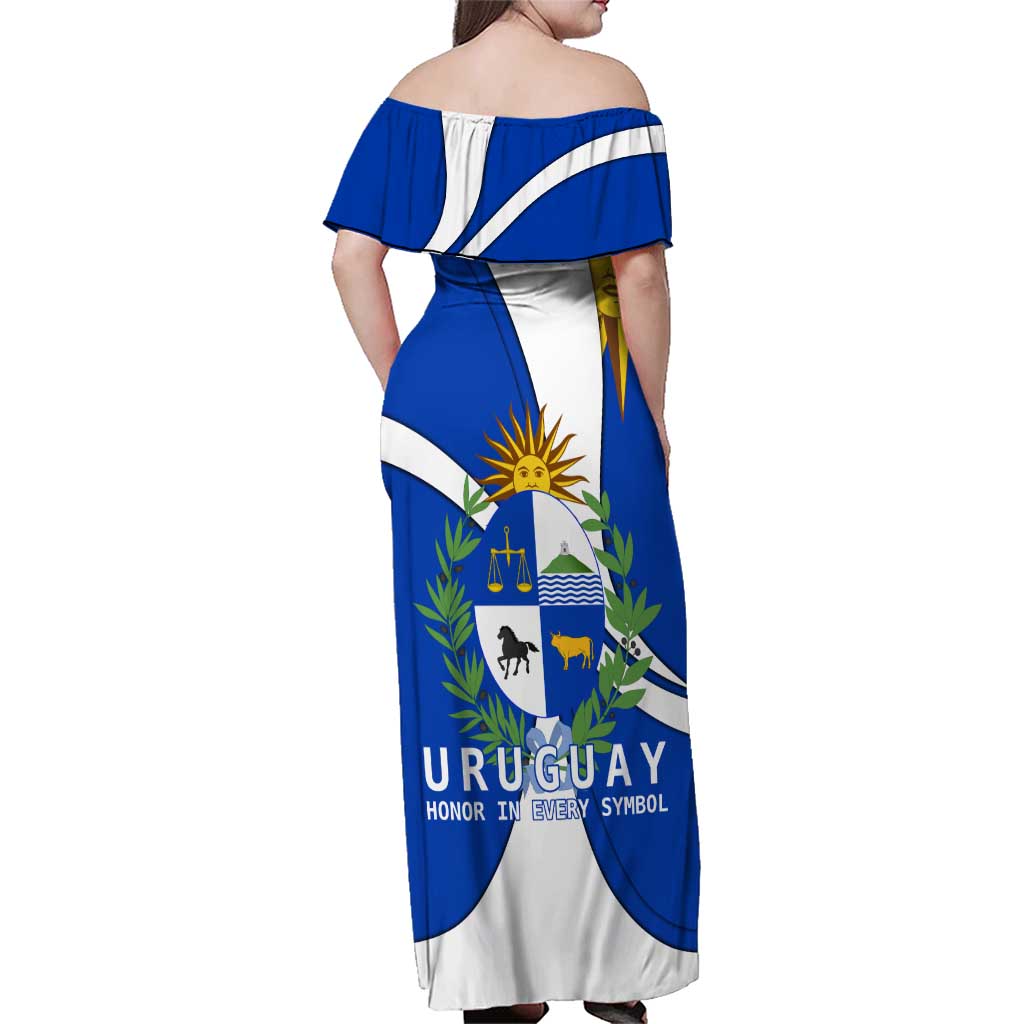 Uruguay Family Matching Off Shoulder Maxi Dress and Hawaiian Shirt with National Emblem and Sun Symbol Blue White Wave - Wonder Print Shop