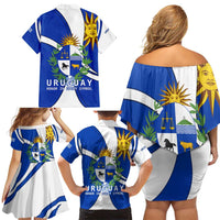Uruguay Family Matching Off Shoulder Short Dress and Hawaiian Shirt with National Emblem and Sun Symbol Blue White Wave - Wonder Print Shop