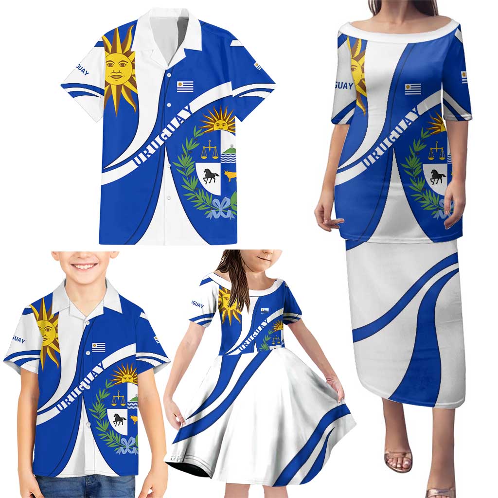 Uruguay Family Matching Puletasi and Hawaiian Shirt with National Emblem and Sun Symbol Blue White Wave - Wonder Print Shop