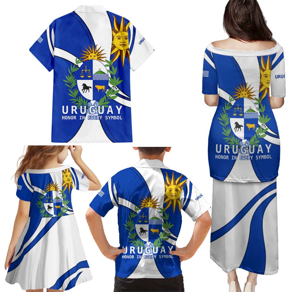 Uruguay Family Matching Puletasi and Hawaiian Shirt with National Emblem and Sun Symbol Blue White Wave - Wonder Print Shop