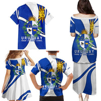 Uruguay Family Matching Puletasi and Hawaiian Shirt with National Emblem and Sun Symbol Blue White Wave - Wonder Print Shop