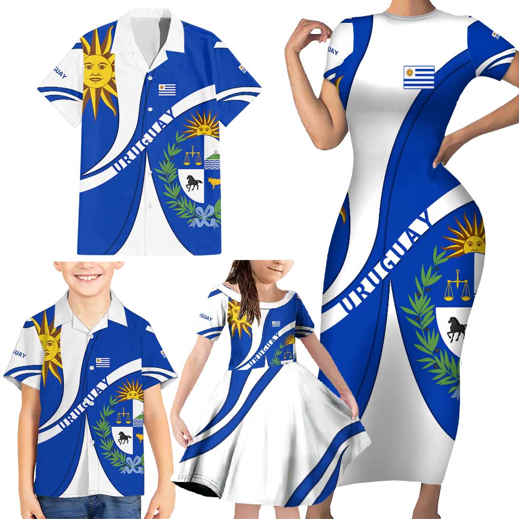 Uruguay Family Matching Short Sleeve Bodycon Dress and Hawaiian Shirt with National Emblem and Sun Symbol Blue White Wave - Wonder Print Shop