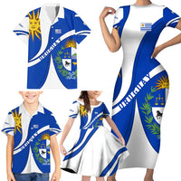 Uruguay Family Matching Short Sleeve Bodycon Dress and Hawaiian Shirt with National Emblem and Sun Symbol Blue White Wave - Wonder Print Shop