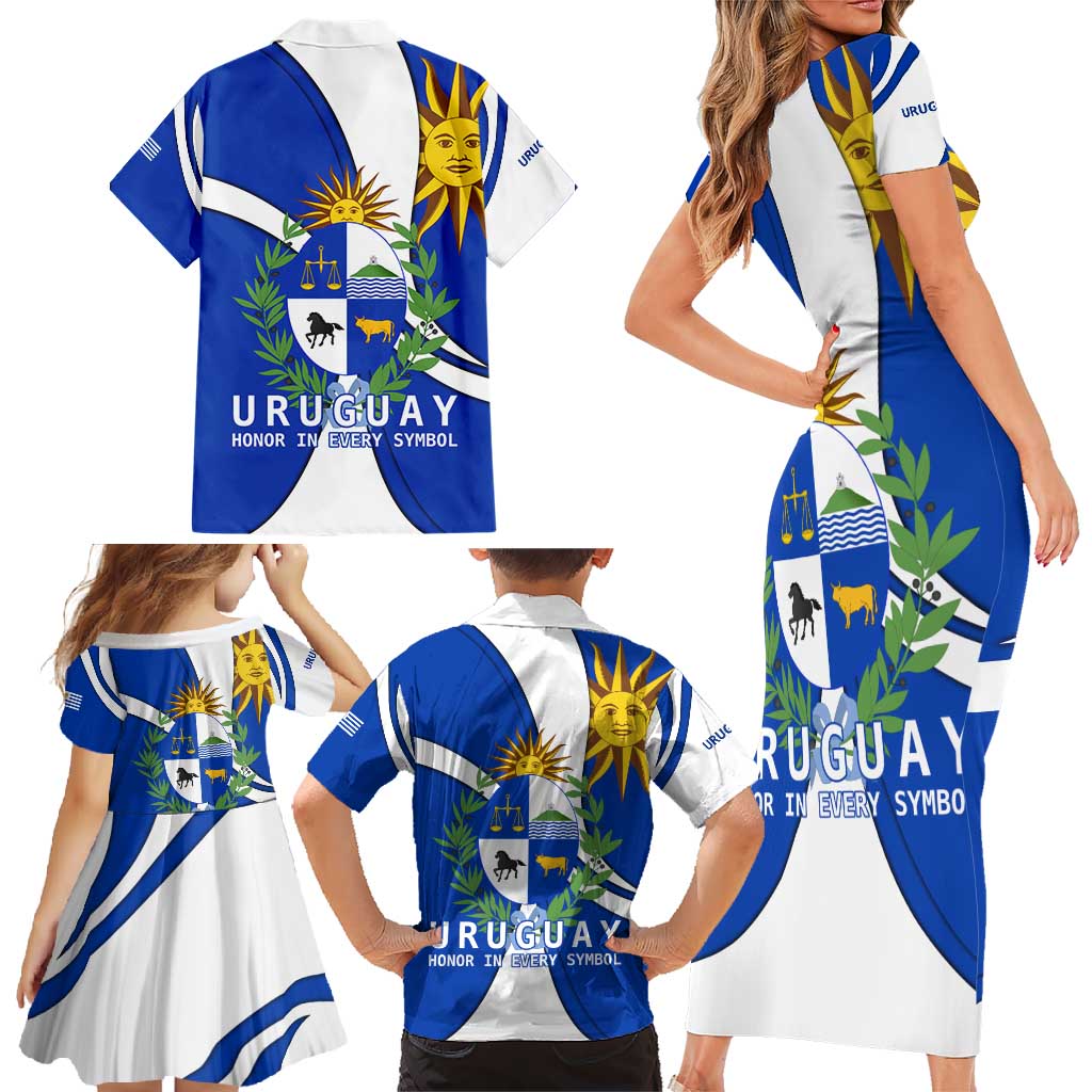 Uruguay Family Matching Short Sleeve Bodycon Dress and Hawaiian Shirt with National Emblem and Sun Symbol Blue White Wave - Wonder Print Shop