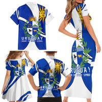 Uruguay Family Matching Short Sleeve Bodycon Dress and Hawaiian Shirt with National Emblem and Sun Symbol Blue White Wave - Wonder Print Shop