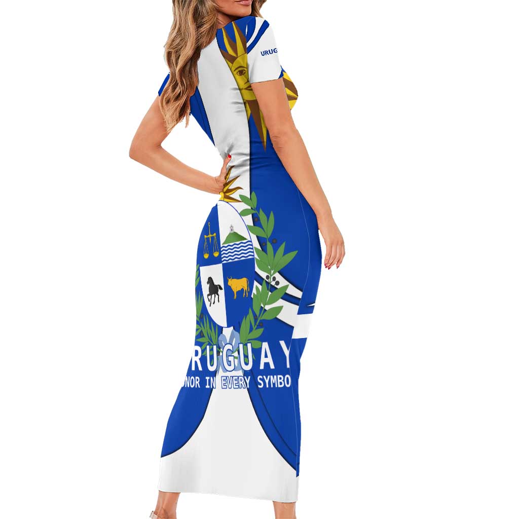 Uruguay Family Matching Short Sleeve Bodycon Dress and Hawaiian Shirt with National Emblem and Sun Symbol Blue White Wave - Wonder Print Shop