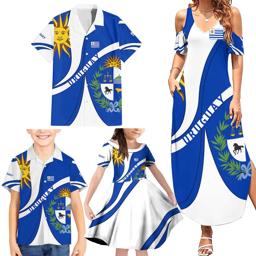 Uruguay Family Matching Summer Maxi Dress and Hawaiian Shirt with National Emblem and Sun Symbol Blue White Wave - Wonder Print Shop