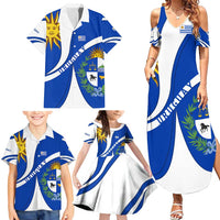 Uruguay Family Matching Summer Maxi Dress and Hawaiian Shirt with National Emblem and Sun Symbol Blue White Wave - Wonder Print Shop