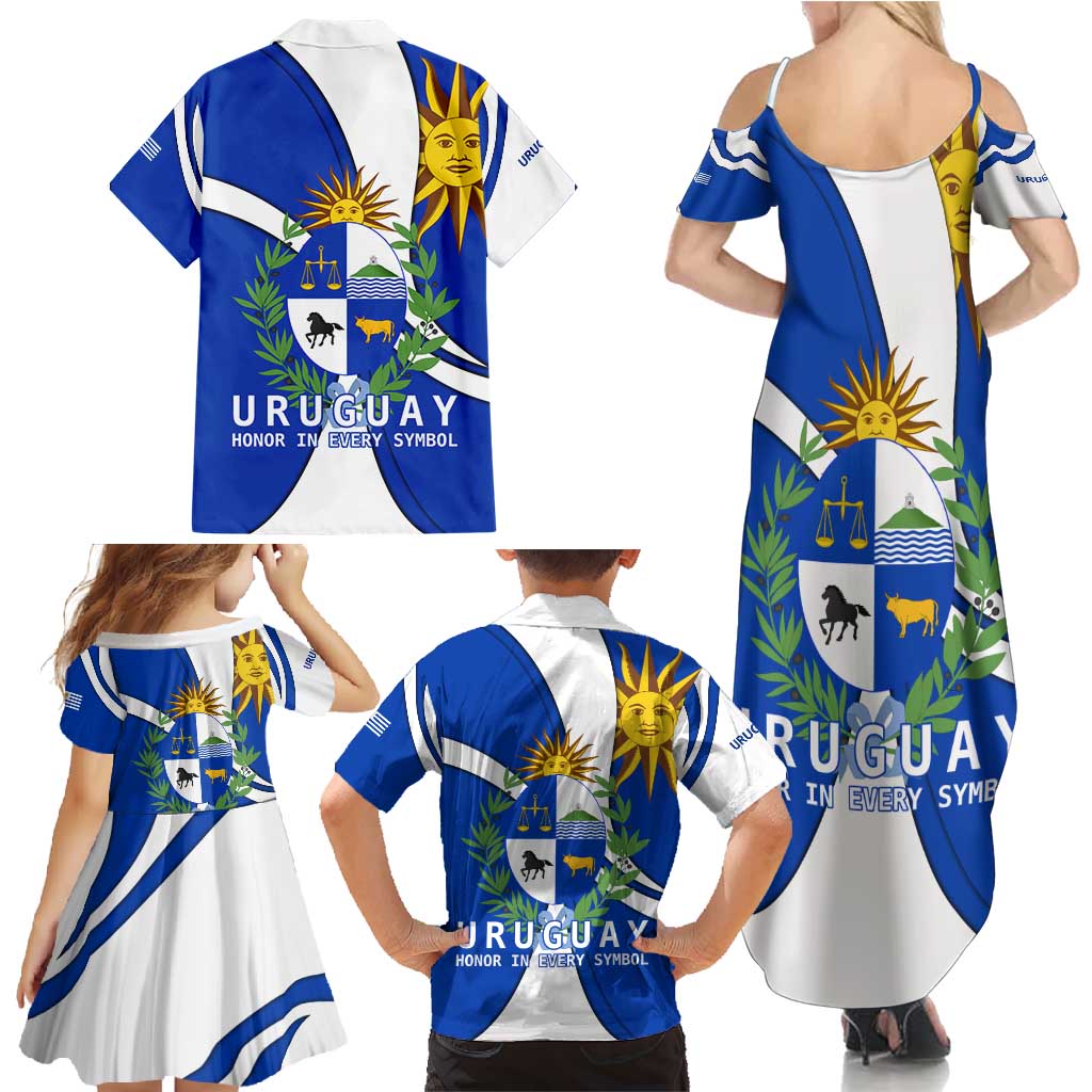 Uruguay Family Matching Summer Maxi Dress and Hawaiian Shirt with National Emblem and Sun Symbol Blue White Wave - Wonder Print Shop