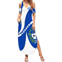 Uruguay Family Matching Summer Maxi Dress and Hawaiian Shirt with National Emblem and Sun Symbol Blue White Wave - Wonder Print Shop