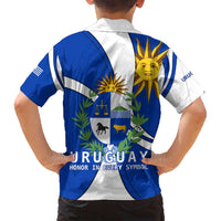 Uruguay Family Matching Tank Maxi Dress and Hawaiian Shirt with National Emblem and Sun Symbol Blue White Wave - Wonder Print Shop