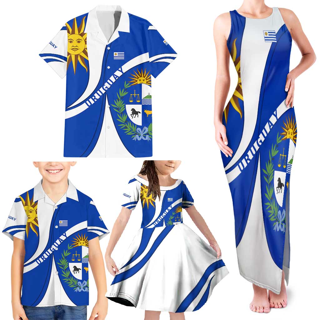 Uruguay Family Matching Tank Maxi Dress and Hawaiian Shirt with National Emblem and Sun Symbol Blue White Wave - Wonder Print Shop