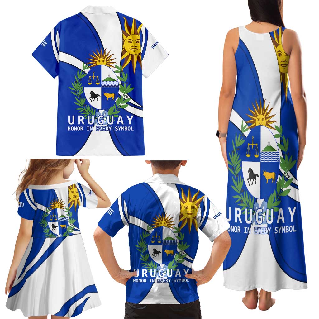 Uruguay Family Matching Tank Maxi Dress and Hawaiian Shirt with National Emblem and Sun Symbol Blue White Wave - Wonder Print Shop