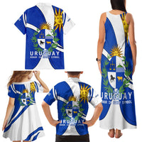 Uruguay Family Matching Tank Maxi Dress and Hawaiian Shirt with National Emblem and Sun Symbol Blue White Wave - Wonder Print Shop