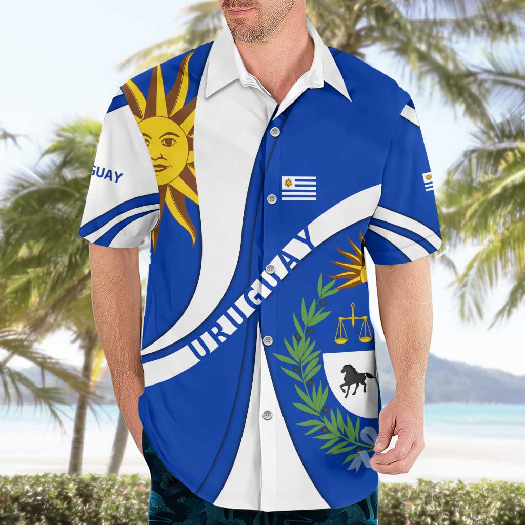 Uruguay Hawaiian Shirt with National Emblem and Sun Symbol Blue White Wave - Wonder Print Shop