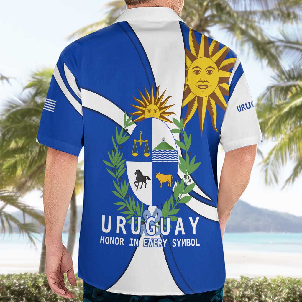 Uruguay Hawaiian Shirt with National Emblem and Sun Symbol Blue White Wave - Wonder Print Shop