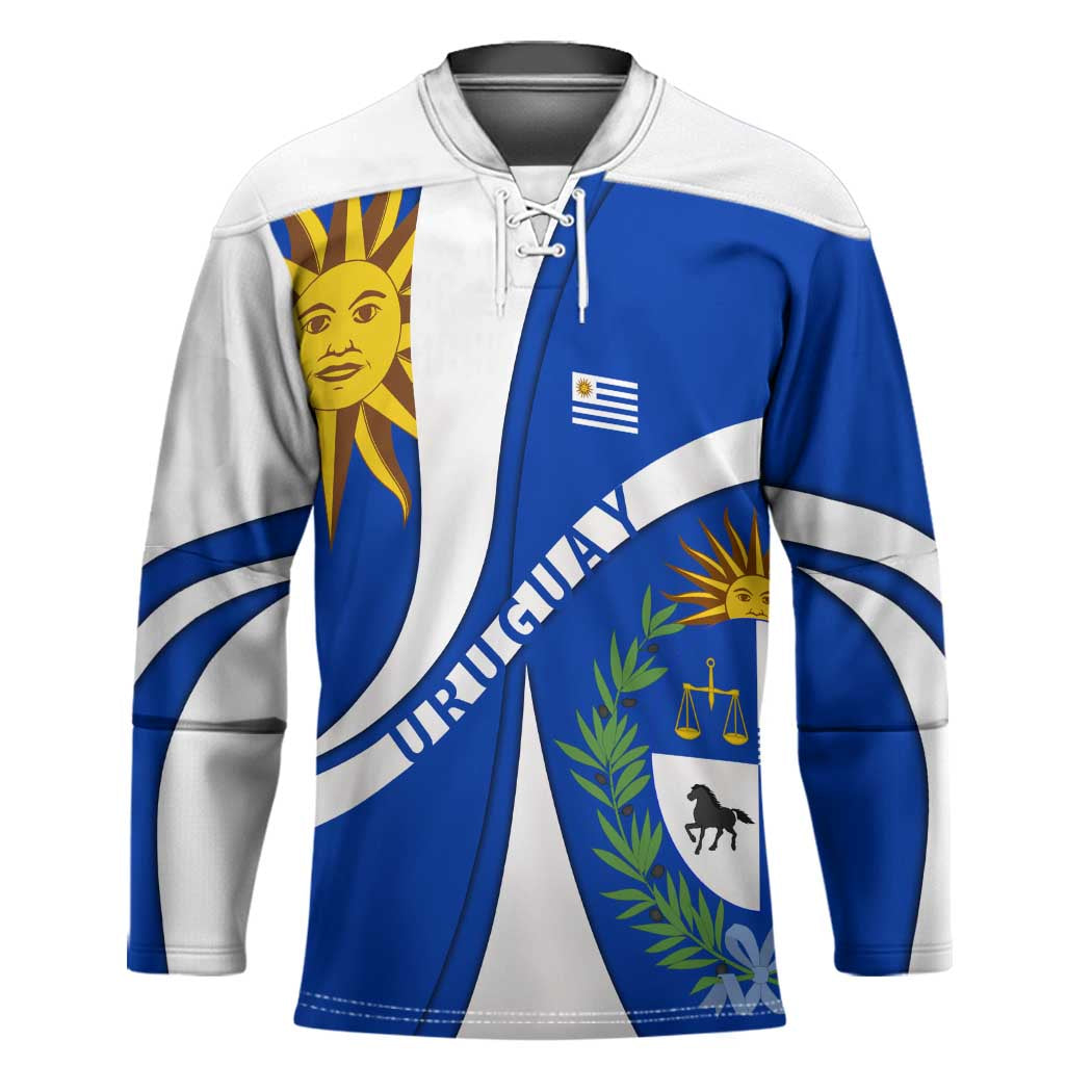 Uruguay Hockey Jersey with National Emblem and Sun Symbol Blue White Wave - Wonder Print Shop