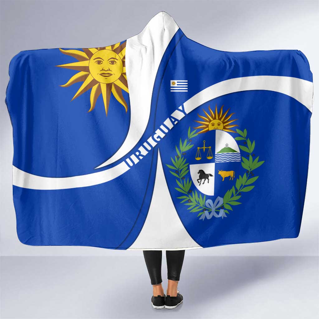 Uruguay Hooded Blanket with National Emblem and Sun Symbol Blue White Wave - Wonder Print Shop
