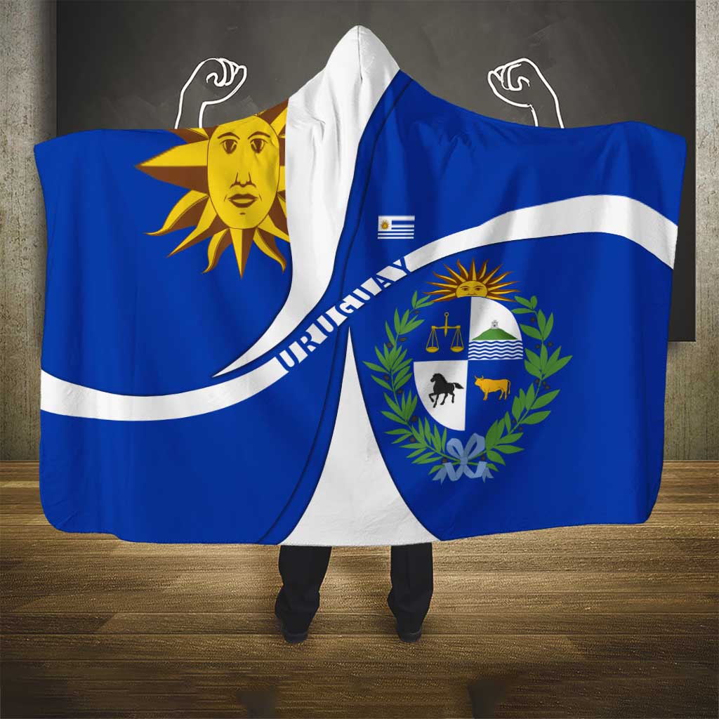 Uruguay Hooded Blanket with National Emblem and Sun Symbol Blue White Wave - Wonder Print Shop