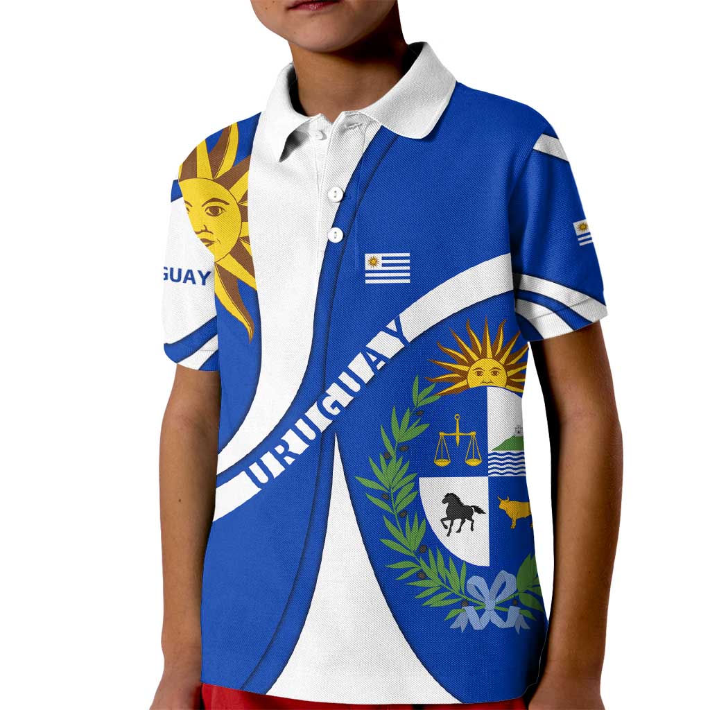 Uruguay Kid Polo Shirt with National Emblem and Sun Symbol Blue White Wave - Wonder Print Shop