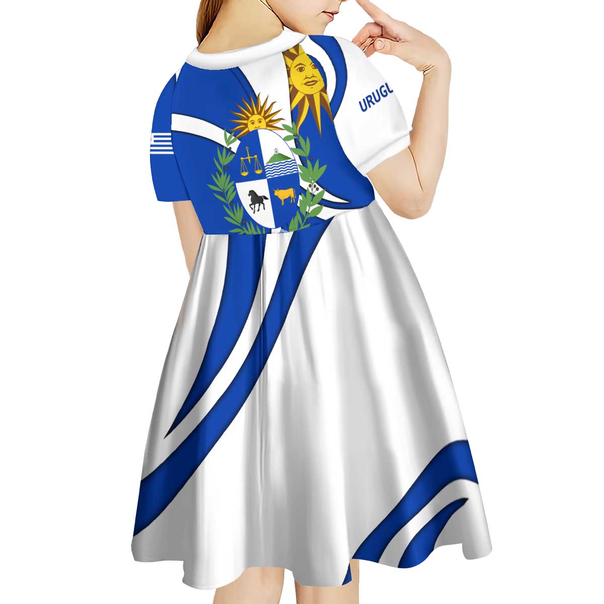 Uruguay Kid Short Sleeve Dress with National Emblem and Sun Symbol Blue White Wave - Wonder Print Shop