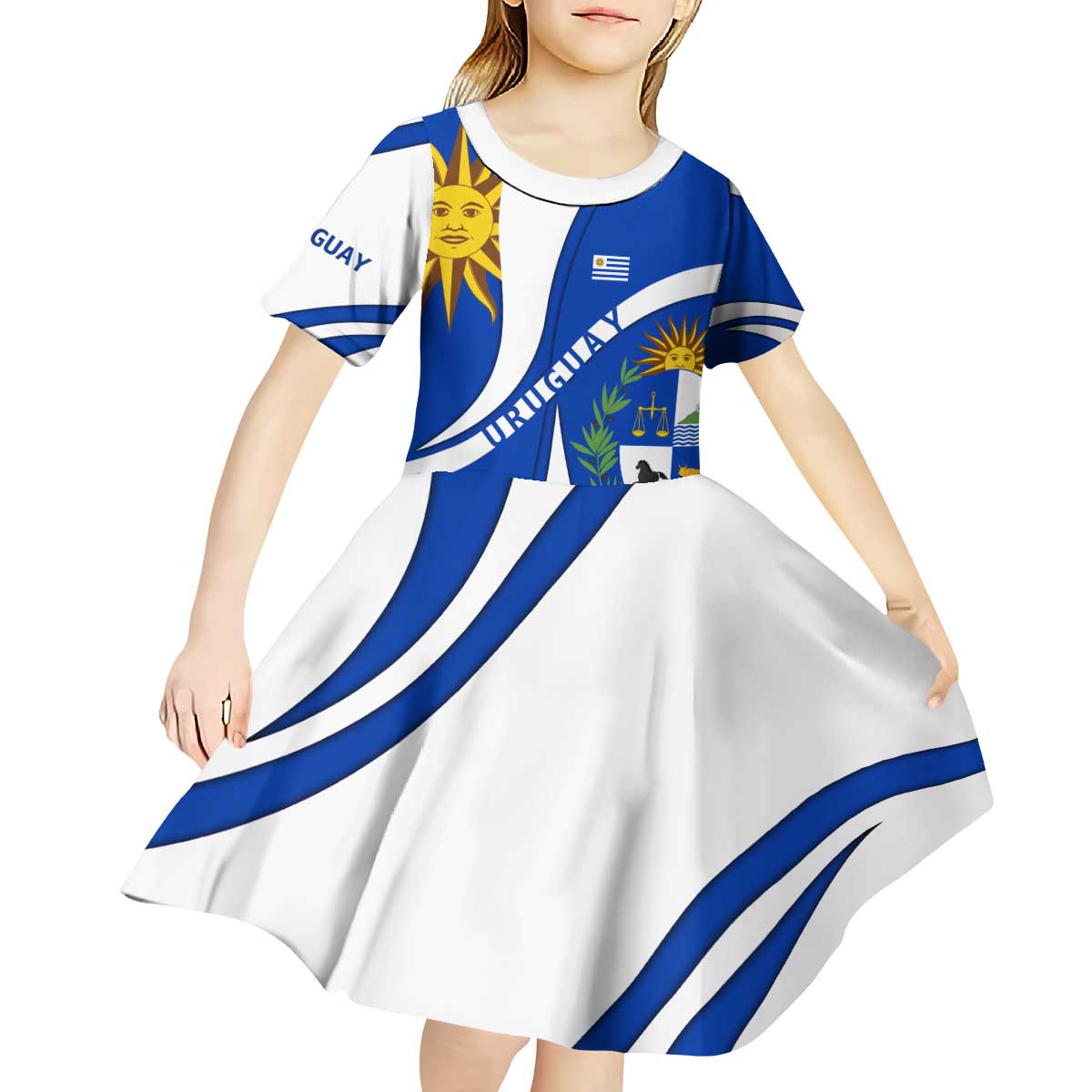Uruguay Kid Short Sleeve Dress with National Emblem and Sun Symbol Blue White Wave - Wonder Print Shop