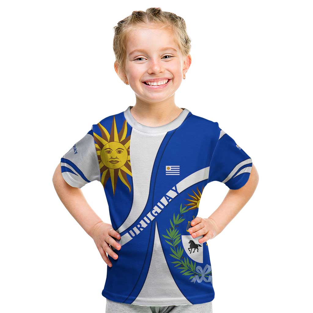 Uruguay Kid T Shirt with National Emblem and Sun Symbol Blue White Wave - Wonder Print Shop