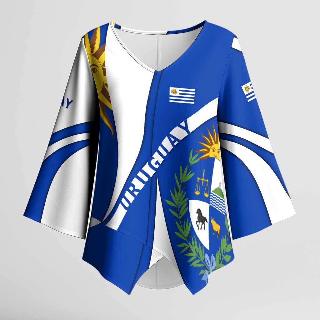 Uruguay Kimono Sleeve Blouse with National Emblem and Sun Symbol Blue White Wave - Wonder Print Shop