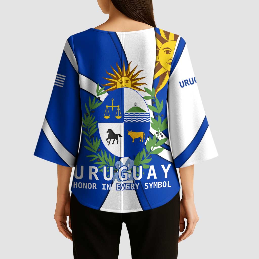 Uruguay Kimono Sleeve Blouse with National Emblem and Sun Symbol Blue White Wave - Wonder Print Shop