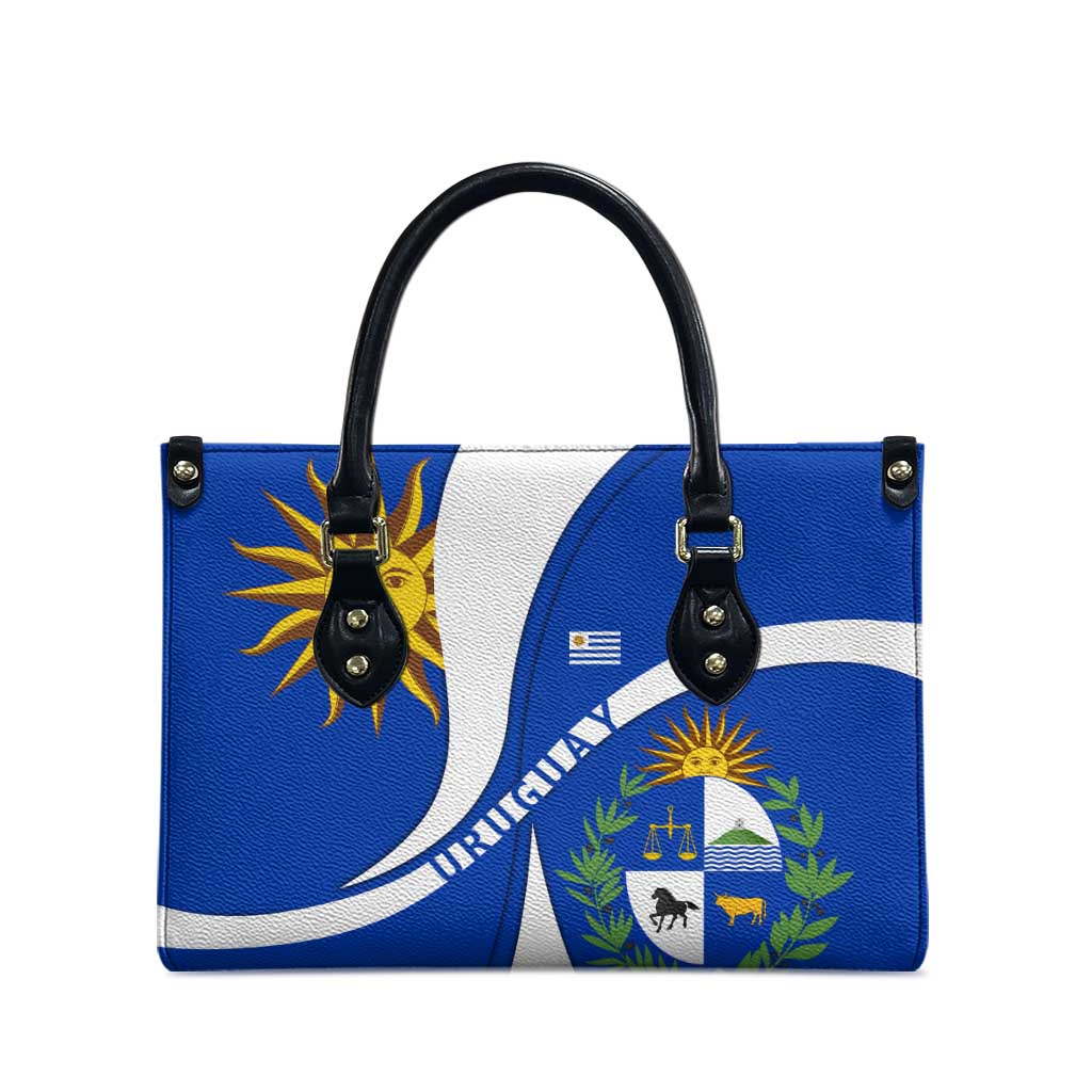 Uruguay Leather Bag with National Emblem and Sun Symbol Blue White Wave - Wonder Print Shop