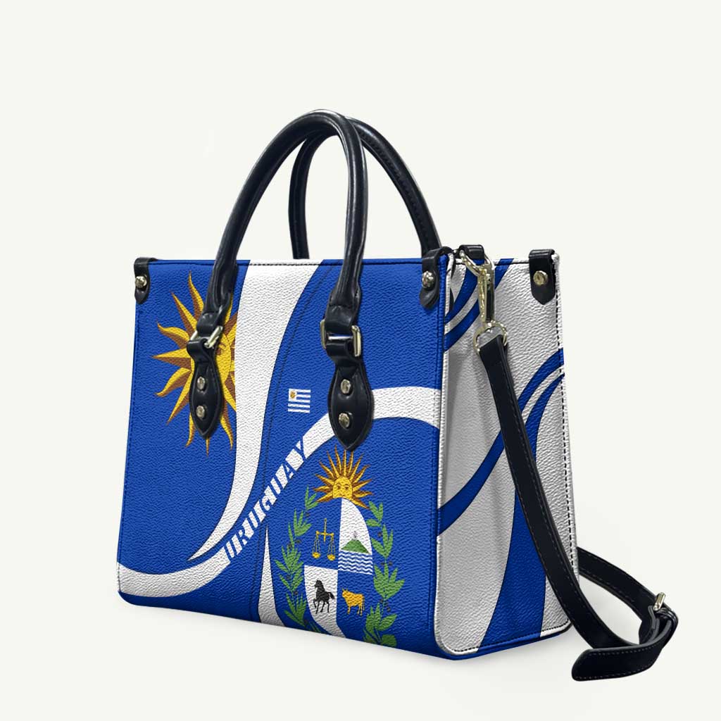 Uruguay Leather Bag with National Emblem and Sun Symbol Blue White Wave - Wonder Print Shop