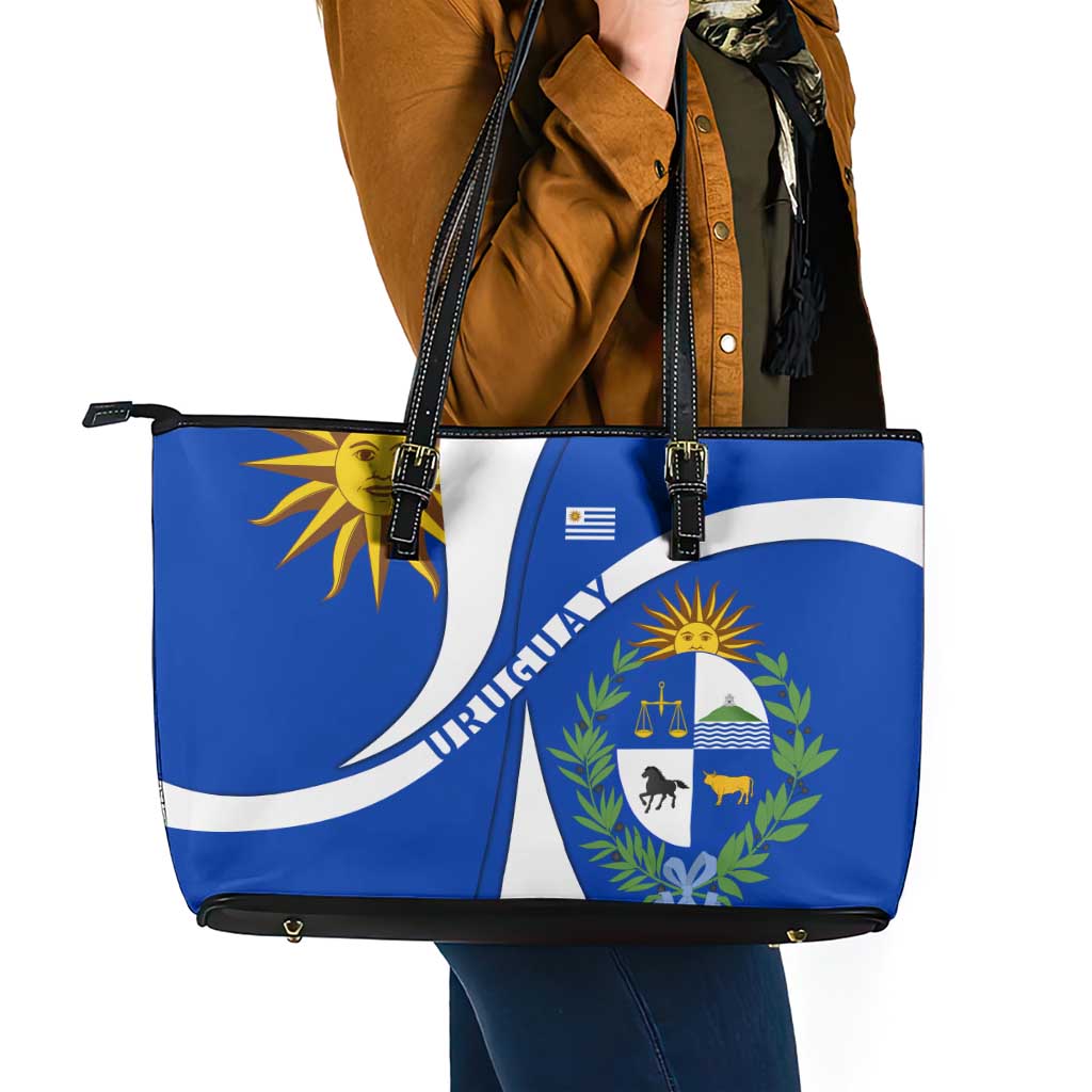 Uruguay Leather Tote Bag with National Emblem and Sun Symbol Blue White Wave - Wonder Print Shop