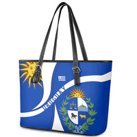 Uruguay Leather Tote Bag with National Emblem and Sun Symbol Blue White Wave - Wonder Print Shop