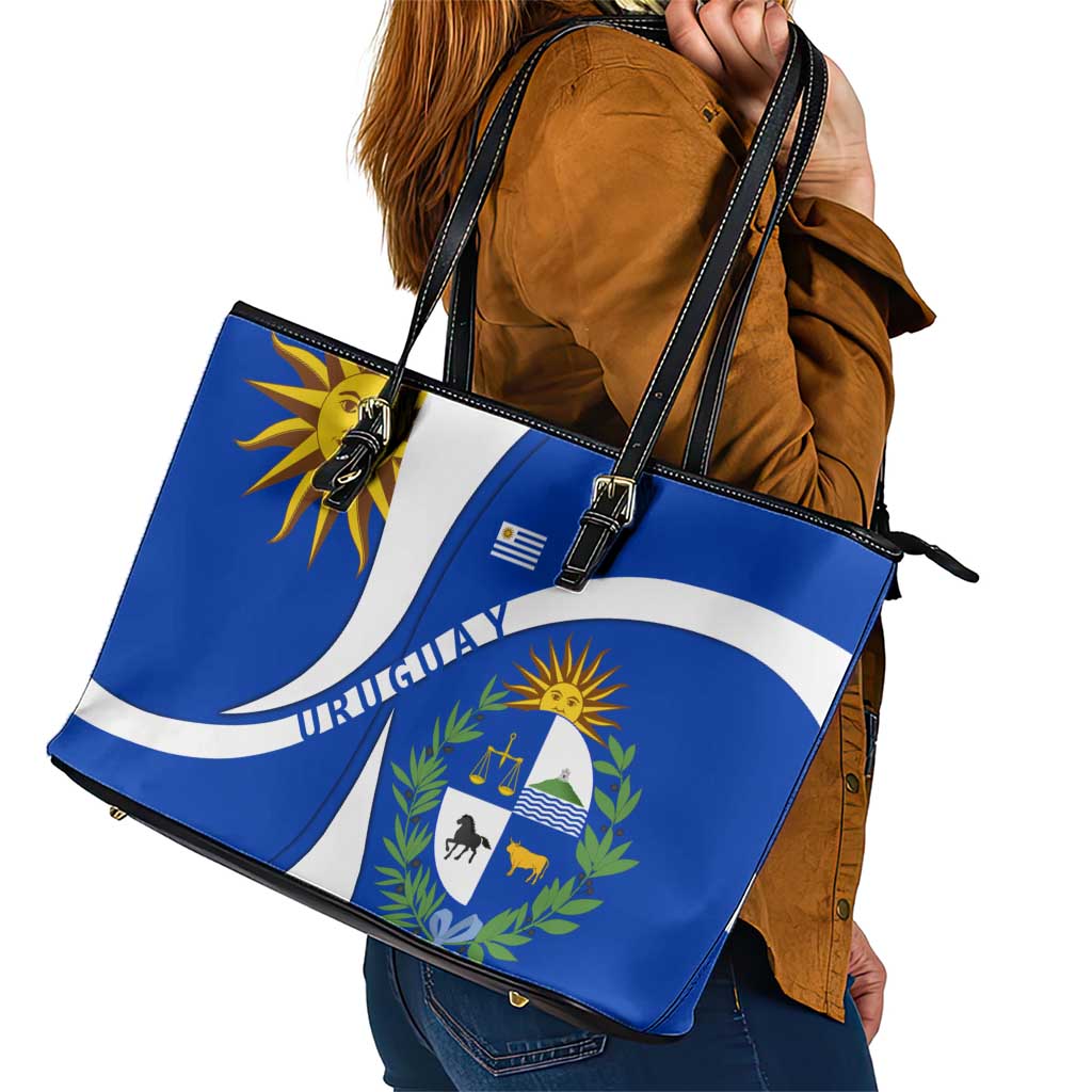 Uruguay Leather Tote Bag with National Emblem and Sun Symbol Blue White Wave - Wonder Print Shop