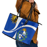 Uruguay Leather Tote Bag with National Emblem and Sun Symbol Blue White Wave - Wonder Print Shop