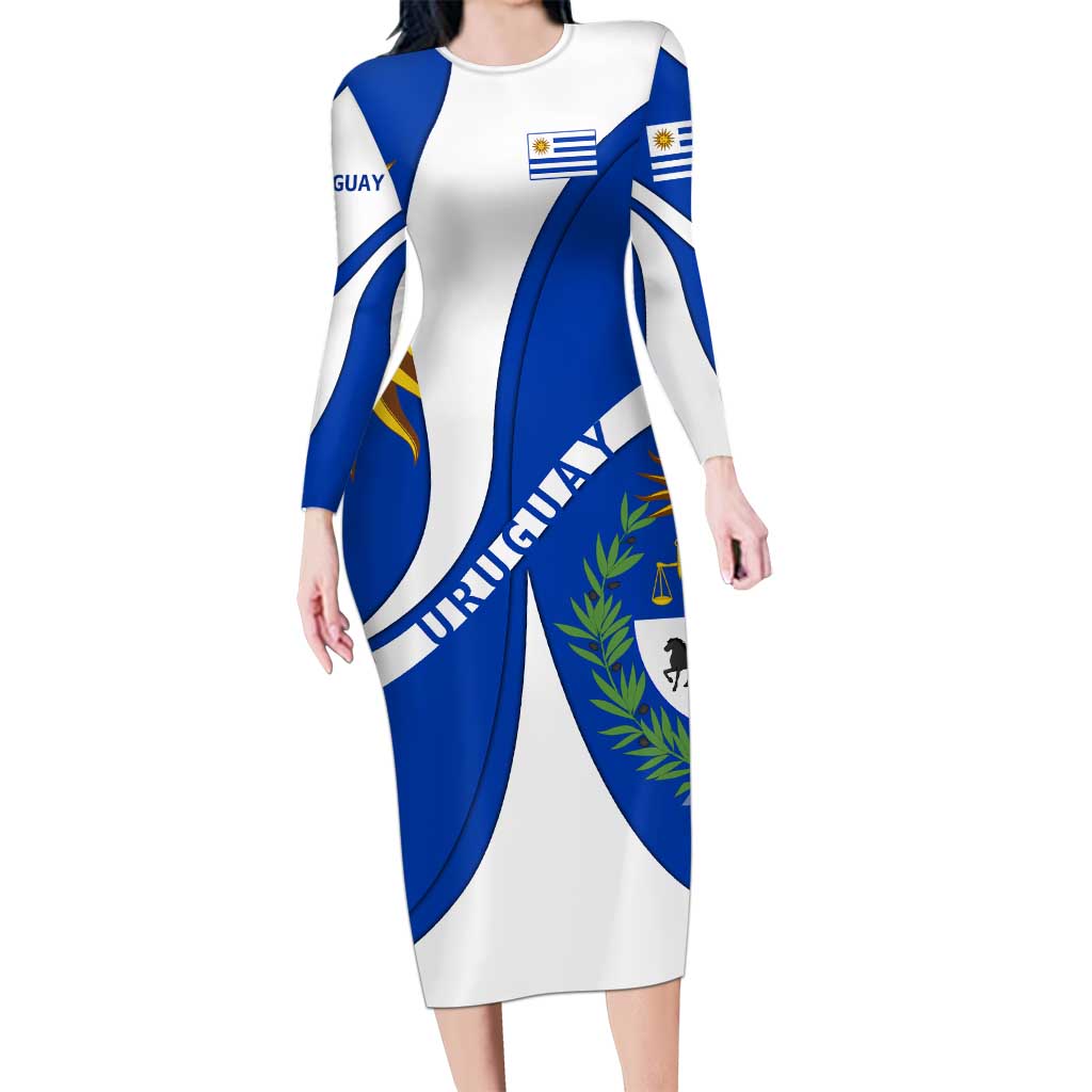Uruguay Long Sleeve Bodycon Dress with National Emblem and Sun Symbol Blue White Wave - Wonder Print Shop