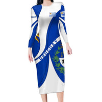 Uruguay Long Sleeve Bodycon Dress with National Emblem and Sun Symbol Blue White Wave - Wonder Print Shop