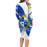 Uruguay Long Sleeve Bodycon Dress with National Emblem and Sun Symbol Blue White Wave - Wonder Print Shop