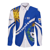 Uruguay Long Sleeve Button Shirt with National Emblem and Sun Symbol Blue White Wave - Wonder Print Shop