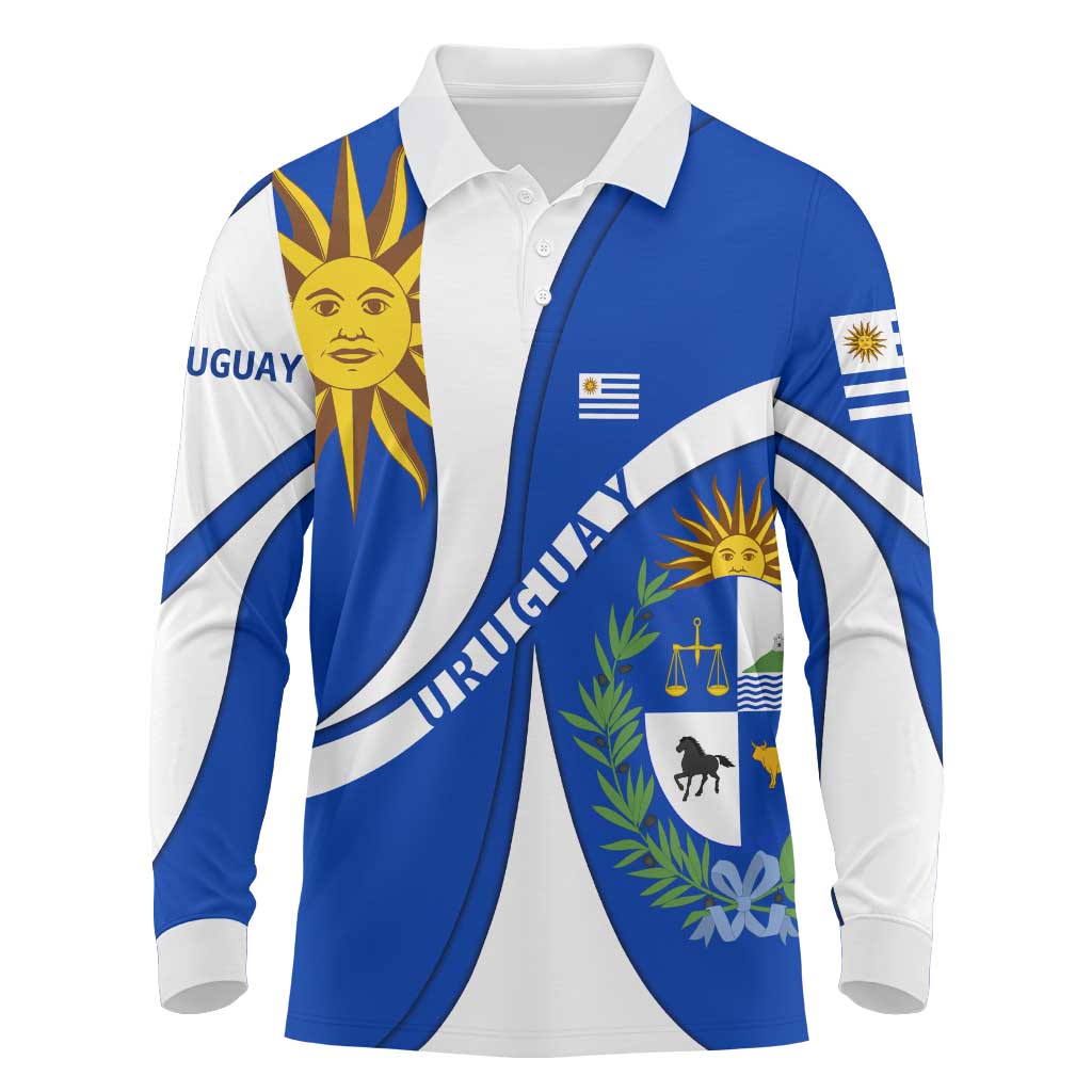 Uruguay Long Sleeve Polo Shirt with National Emblem and Sun Symbol Blue White Wave - Wonder Print Shop