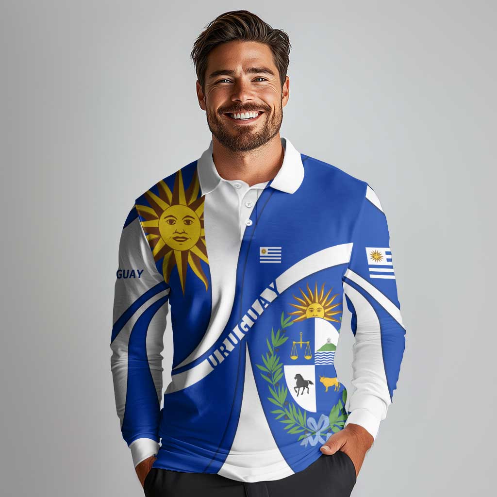 Uruguay Long Sleeve Polo Shirt with National Emblem and Sun Symbol Blue White Wave - Wonder Print Shop