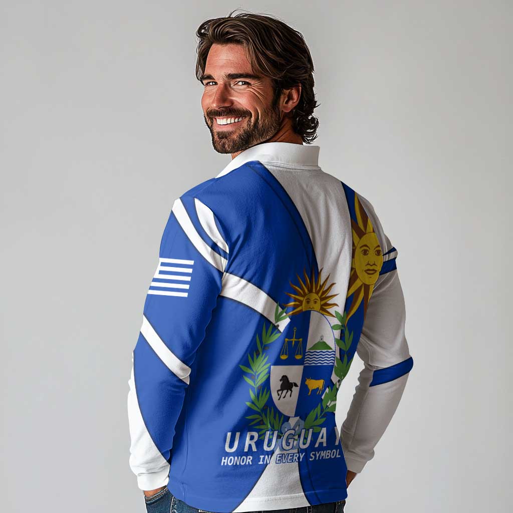 Uruguay Long Sleeve Polo Shirt with National Emblem and Sun Symbol Blue White Wave - Wonder Print Shop