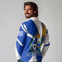 Uruguay Long Sleeve Polo Shirt with National Emblem and Sun Symbol Blue White Wave - Wonder Print Shop