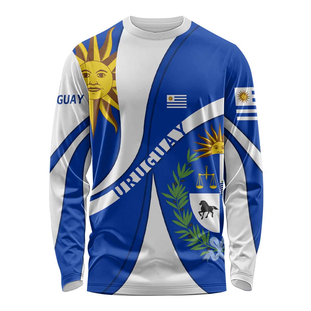 Uruguay Long Sleeve Shirt with National Emblem and Sun Symbol Blue White Wave - Wonder Print Shop