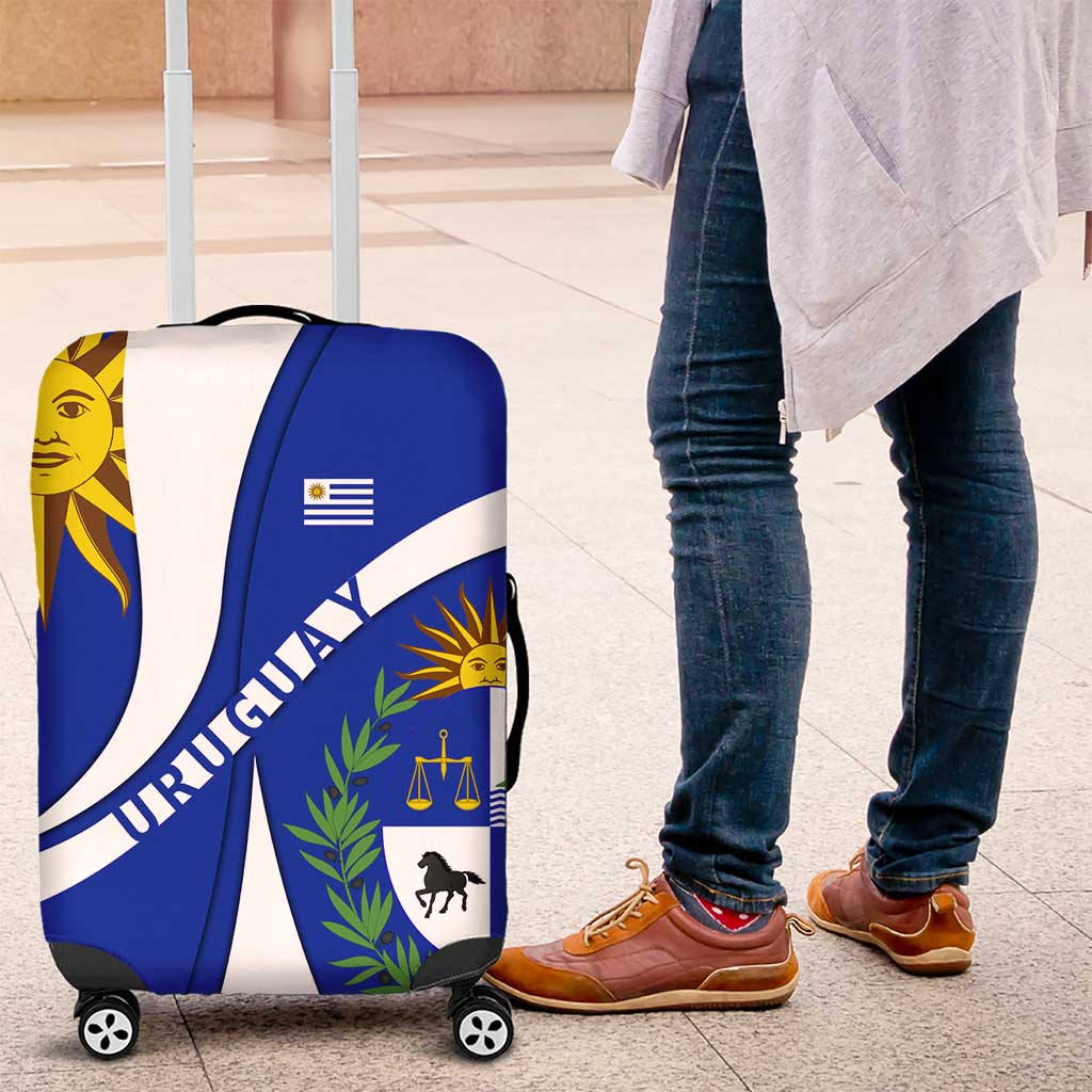 Uruguay Luggage Cover with National Emblem and Sun Symbol Blue White Wave - Wonder Print Shop