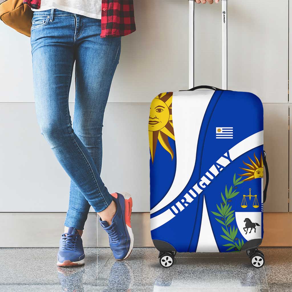 Uruguay Luggage Cover with National Emblem and Sun Symbol Blue White Wave - Wonder Print Shop