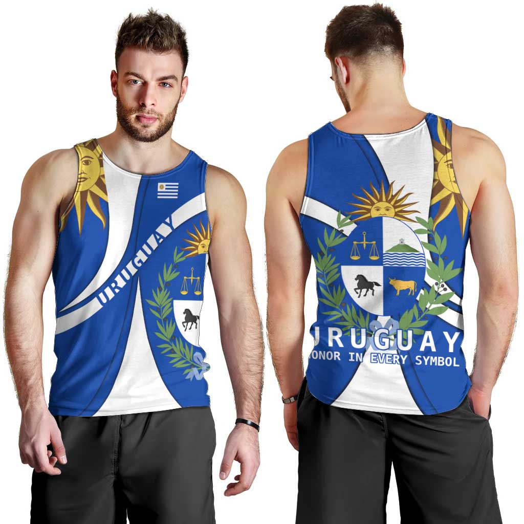 Uruguay Men Tank Top with National Emblem and Sun Symbol Blue White Wave - Wonder Print Shop