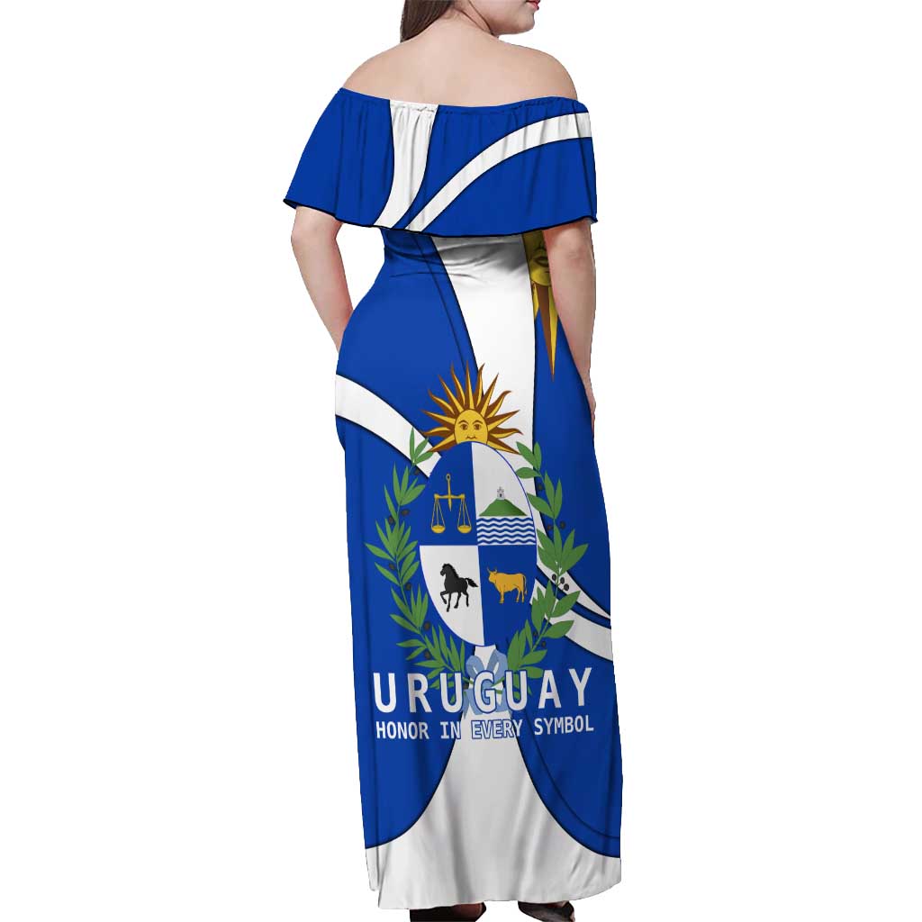 Uruguay Off Shoulder Maxi Dress with National Emblem and Sun Symbol Blue White Wave - Wonder Print Shop